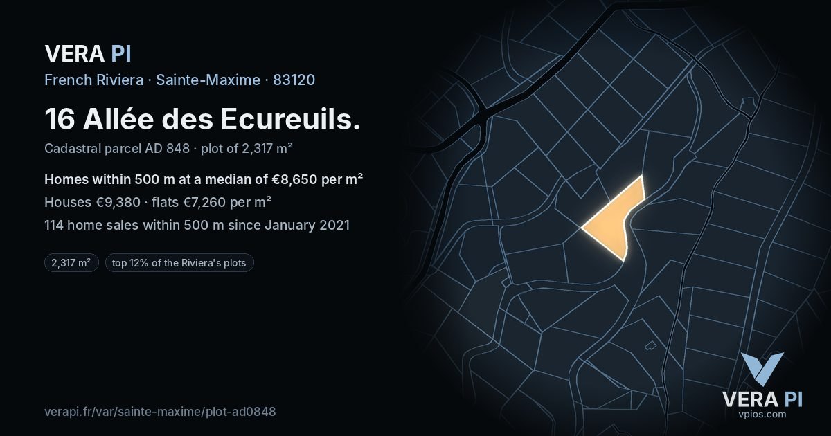 16 Allée des Ecureuils, Sainte-Maxime at night – the plot lit, the parcels around coloured by the prices near them