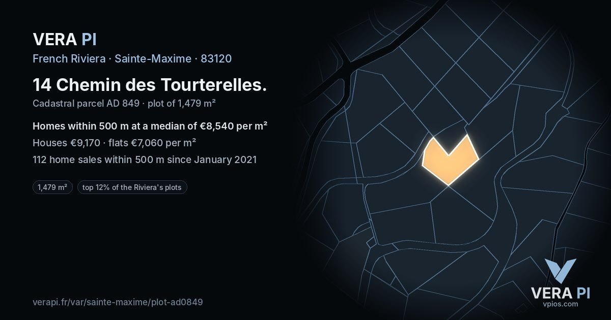14 Chemin des Tourterelles, Sainte-Maxime at night – the plot lit, the parcels around coloured by the prices near them