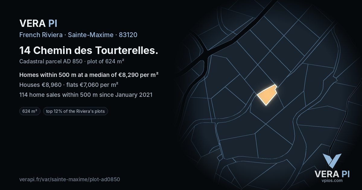 14 Chemin des Tourterelles, Sainte-Maxime at night – the plot lit, the parcels around coloured by the prices near them