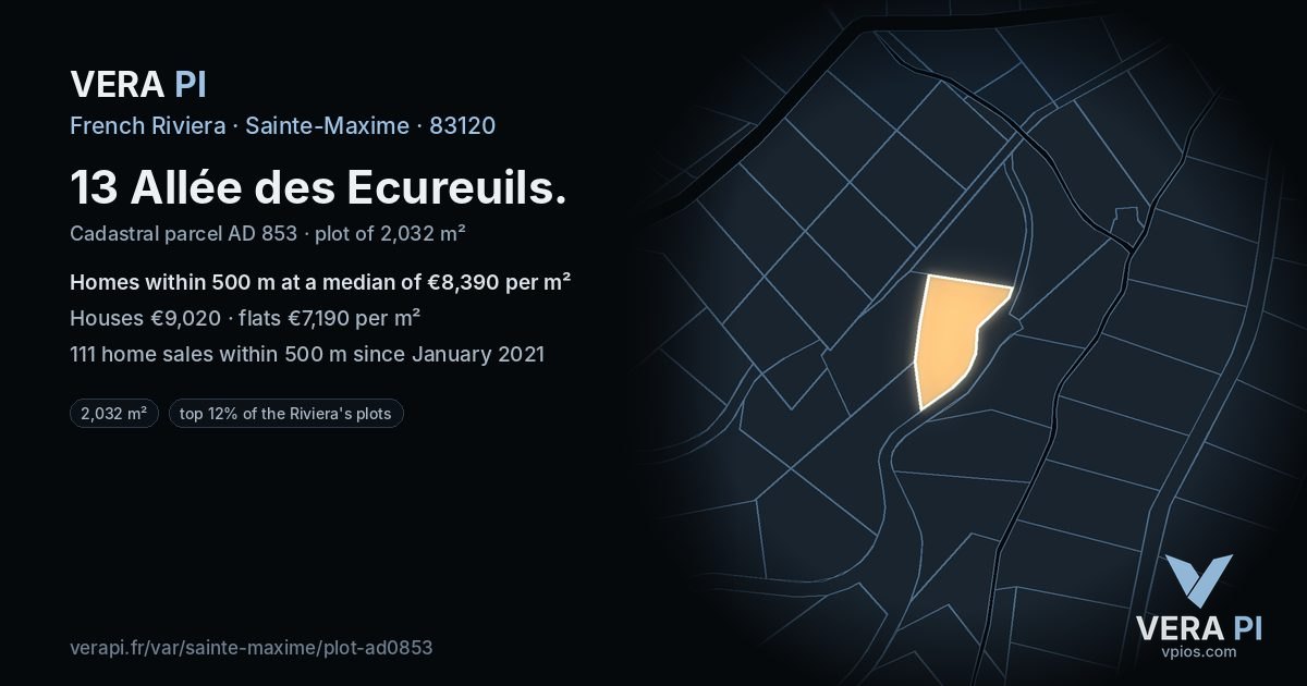 13 Allée des Ecureuils, Sainte-Maxime at night – the plot lit, the parcels around coloured by the prices near them