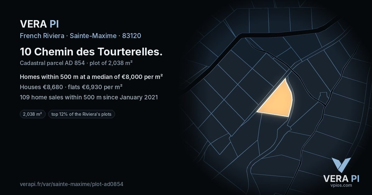 10 Chemin des Tourterelles, Sainte-Maxime at night – the plot lit, the parcels around coloured by the prices near them