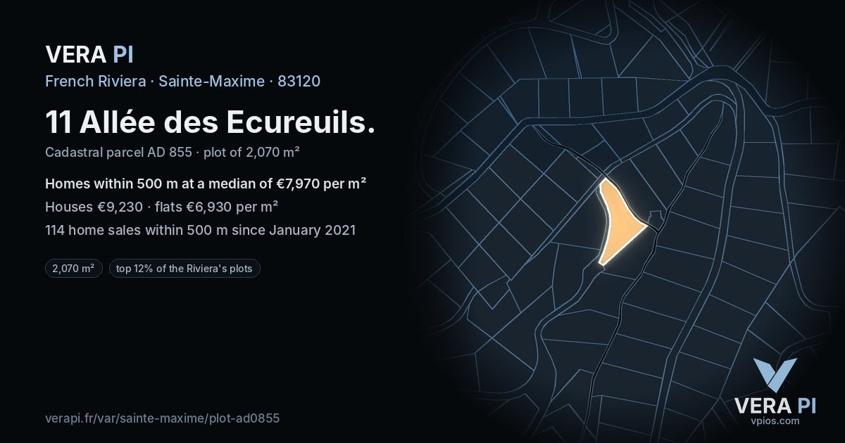 11 Allée des Ecureuils, Sainte-Maxime at night – the plot lit, the parcels around coloured by the prices near them
