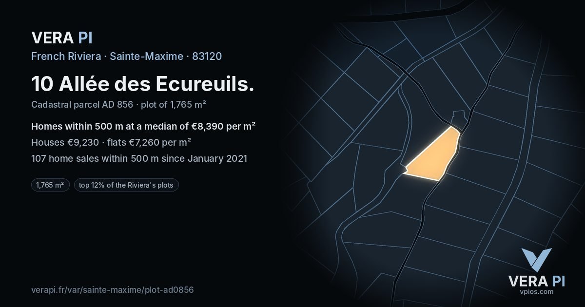 10 Allée des Ecureuils, Sainte-Maxime at night – the plot lit, the parcels around coloured by the prices near them