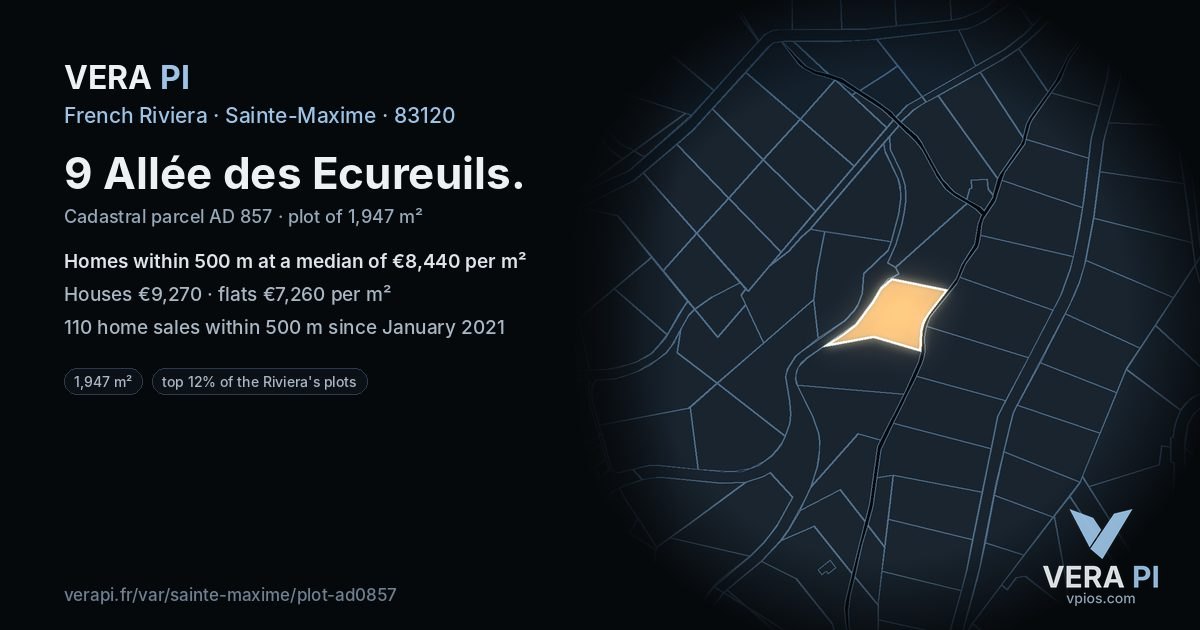 9 Allée des Ecureuils, Sainte-Maxime at night – the plot lit, the parcels around coloured by the prices near them