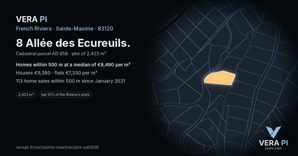 8 Allée des Ecureuils, Sainte-Maxime at night – the plot lit, the parcels around coloured by the prices near them