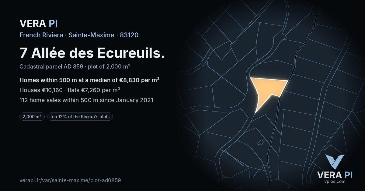 7 Allée des Ecureuils, Sainte-Maxime at night – the plot lit, the parcels around coloured by the prices near them
