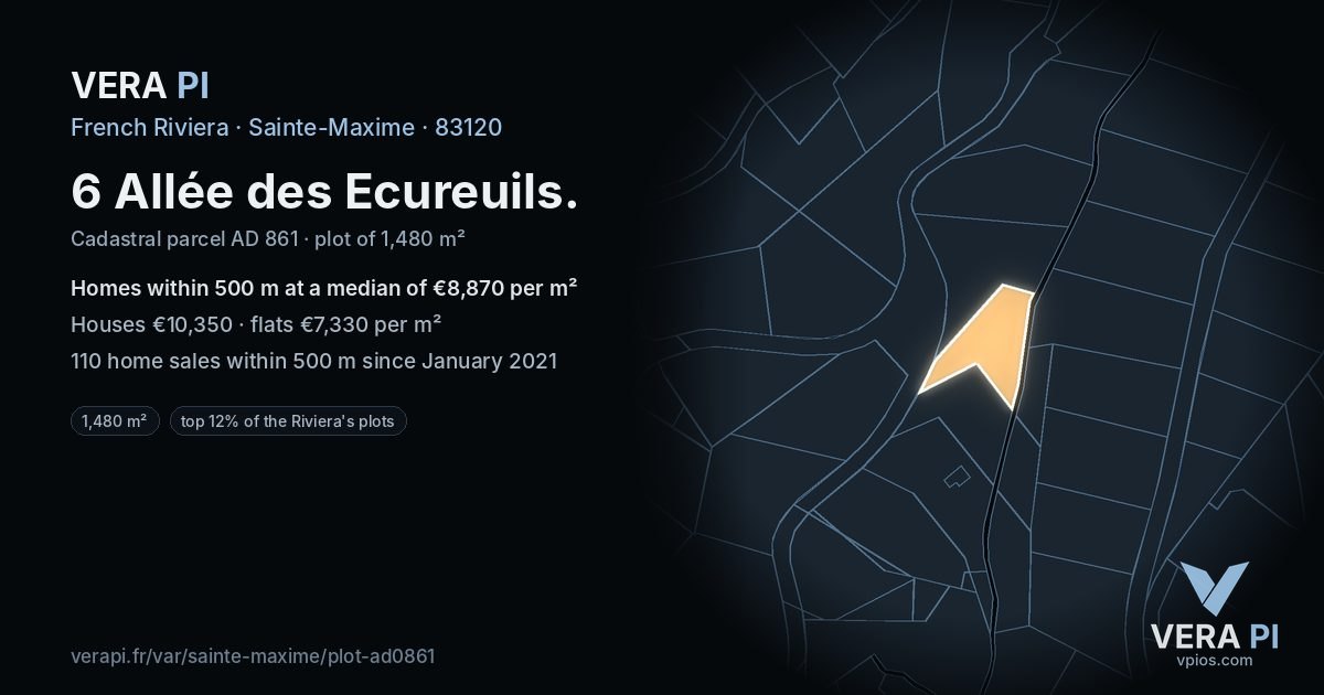 6 Allée des Ecureuils, Sainte-Maxime at night – the plot lit, the parcels around coloured by the prices near them