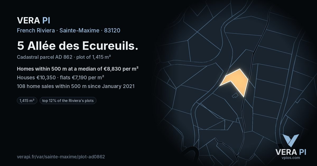 5 Allée des Ecureuils, Sainte-Maxime at night – the plot lit, the parcels around coloured by the prices near them