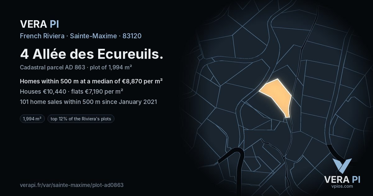 4 Allée des Ecureuils, Sainte-Maxime at night – the plot lit, the parcels around coloured by the prices near them