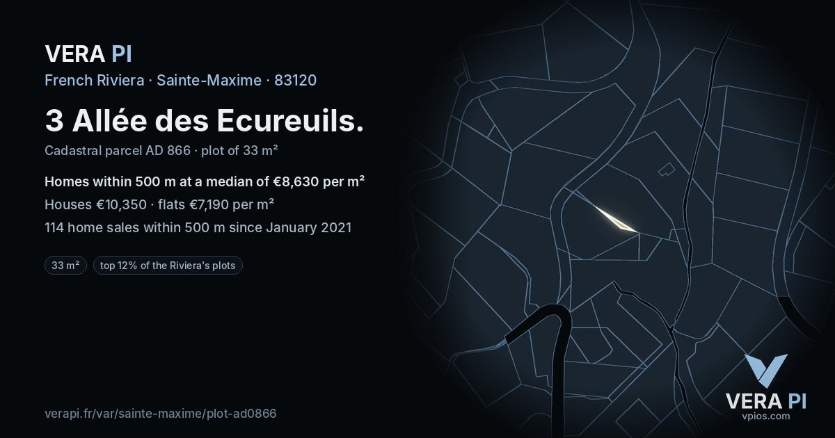 3 Allée des Ecureuils, Sainte-Maxime at night – the plot lit, the parcels around coloured by the prices near them