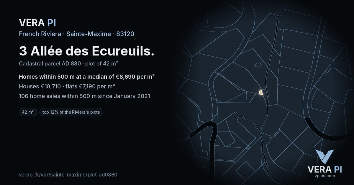 3 Allée des Ecureuils, Sainte-Maxime at night – the plot lit, the parcels around coloured by the prices near them