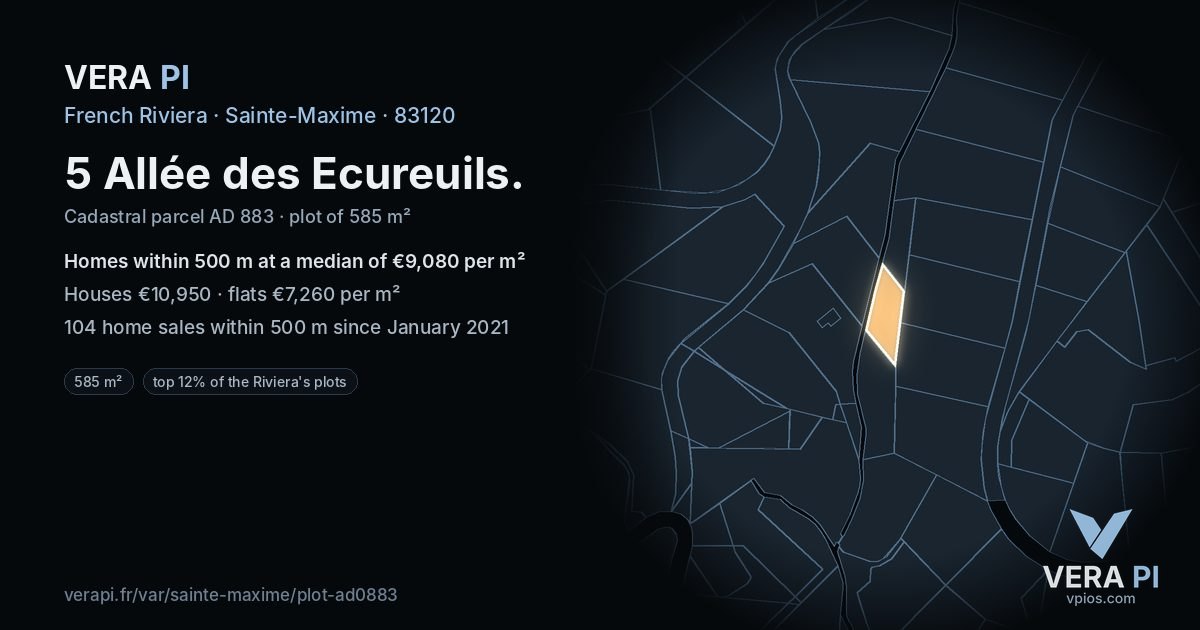 5 Allée des Ecureuils, Sainte-Maxime at night – the plot lit, the parcels around coloured by the prices near them