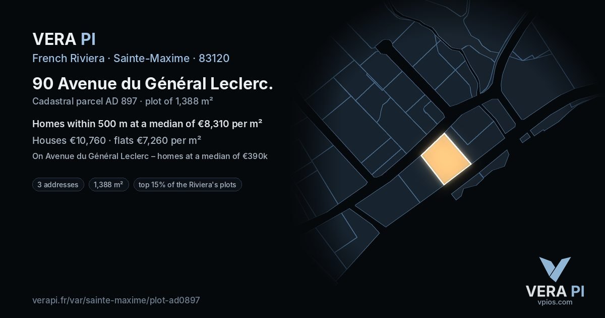 90 Avenue du Général Leclerc, Sainte-Maxime at night – the plot lit, the parcels around coloured by the prices near them