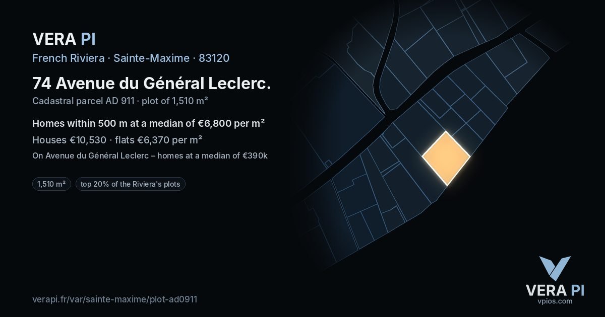 74 Avenue du Général Leclerc, Sainte-Maxime at night – the plot lit, the parcels around coloured by the prices near them