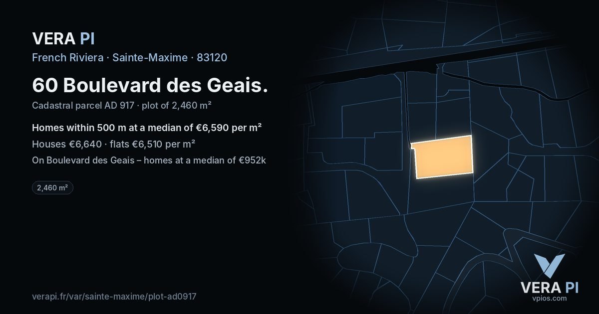 60 Boulevard des Geais, Sainte-Maxime at night – the plot lit, the parcels around coloured by the prices near them
