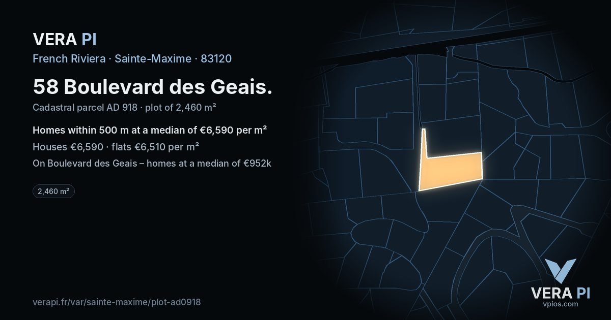 58 Boulevard des Geais, Sainte-Maxime at night – the plot lit, the parcels around coloured by the prices near them