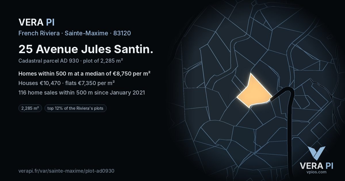 25 Avenue Jules Santin, Sainte-Maxime at night – the plot lit, the parcels around coloured by the prices near them
