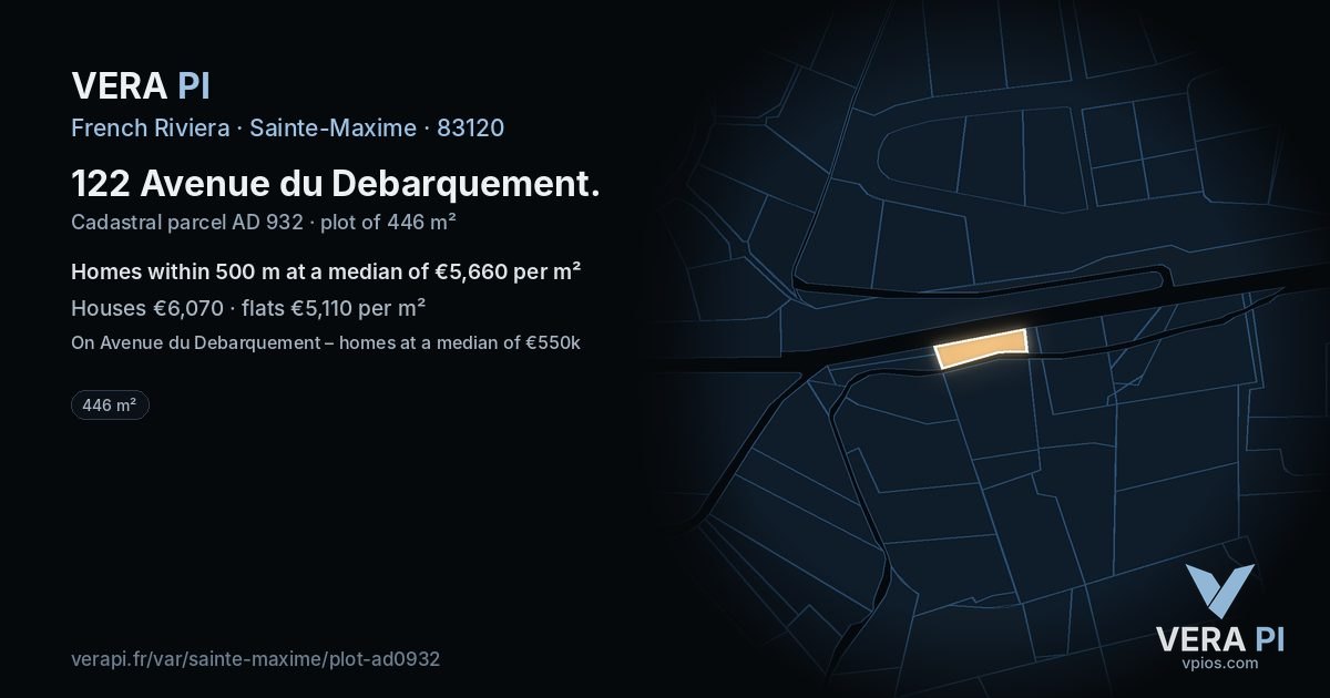 122 Avenue du Debarquement, Sainte-Maxime at night – the plot lit, the parcels around coloured by the prices near them