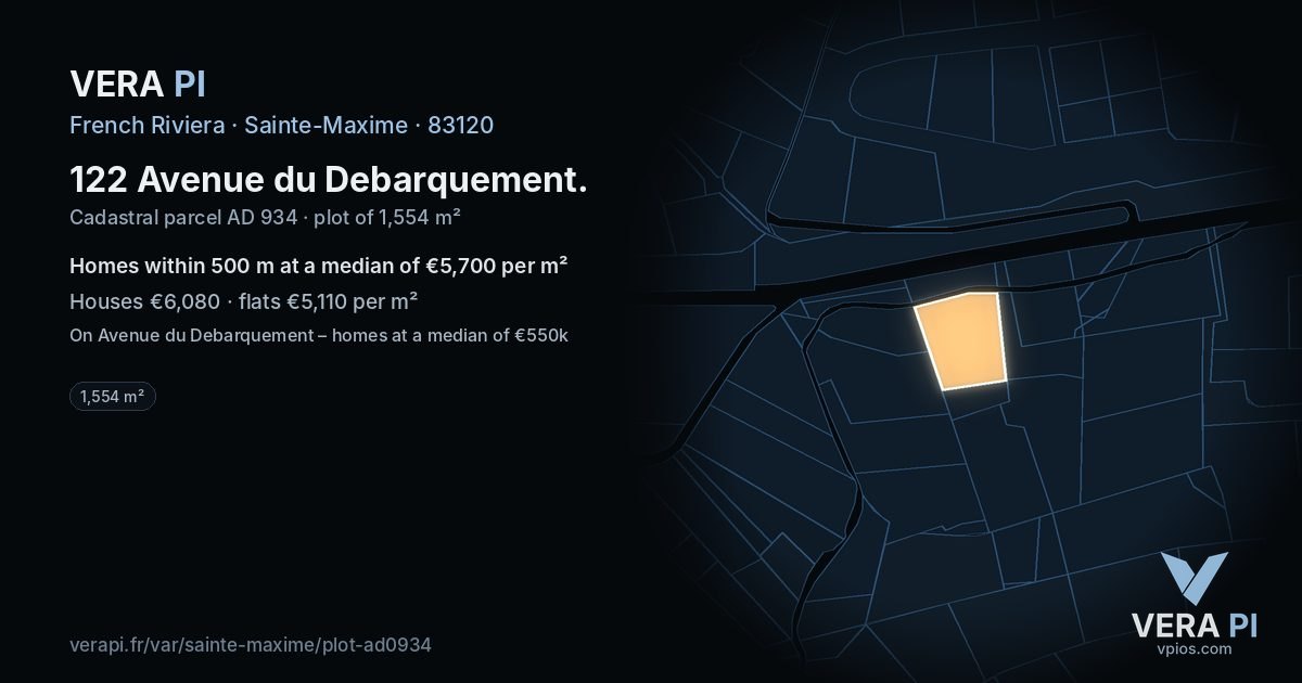 122 Avenue du Debarquement, Sainte-Maxime at night – the plot lit, the parcels around coloured by the prices near them