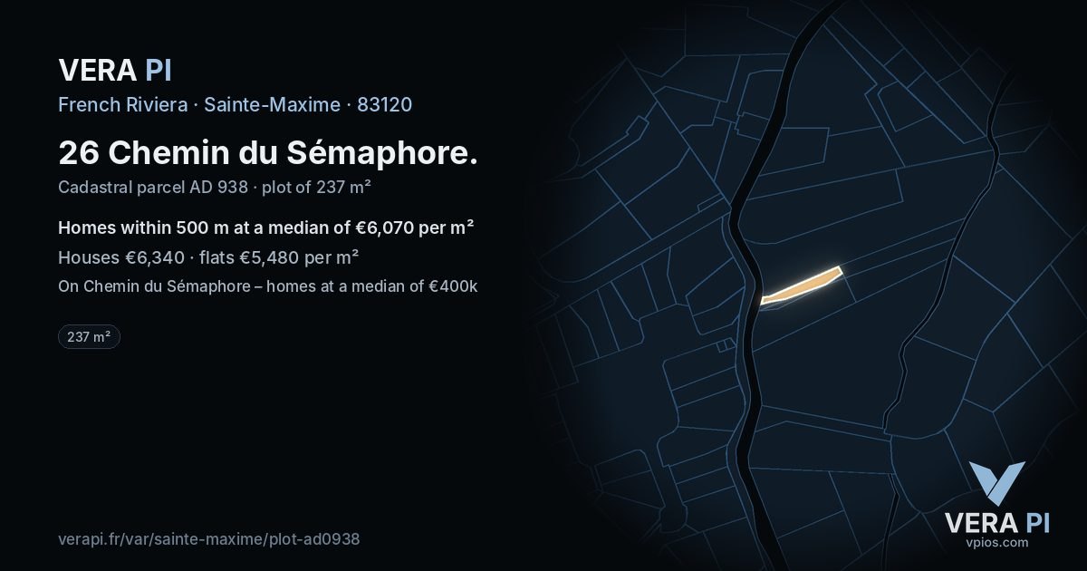 26 Chemin du Sémaphore, Sainte-Maxime at night – the plot lit, the parcels around coloured by the prices near them