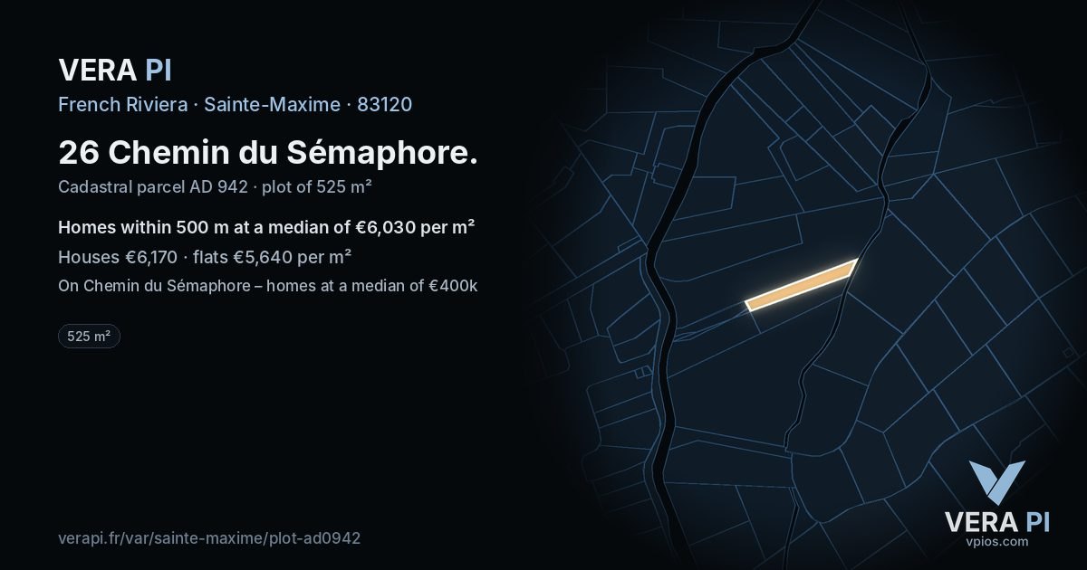 26 Chemin du Sémaphore, Sainte-Maxime at night – the plot lit, the parcels around coloured by the prices near them