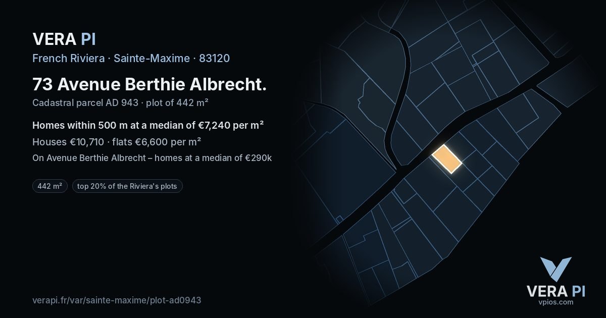 73 Avenue Berthie Albrecht, Sainte-Maxime at night – the plot lit, the parcels around coloured by the prices near them