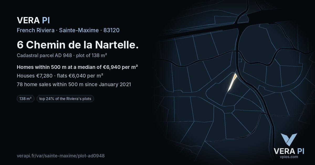 6 Chemin de la Nartelle, Sainte-Maxime at night – the plot lit, the parcels around coloured by the prices near them