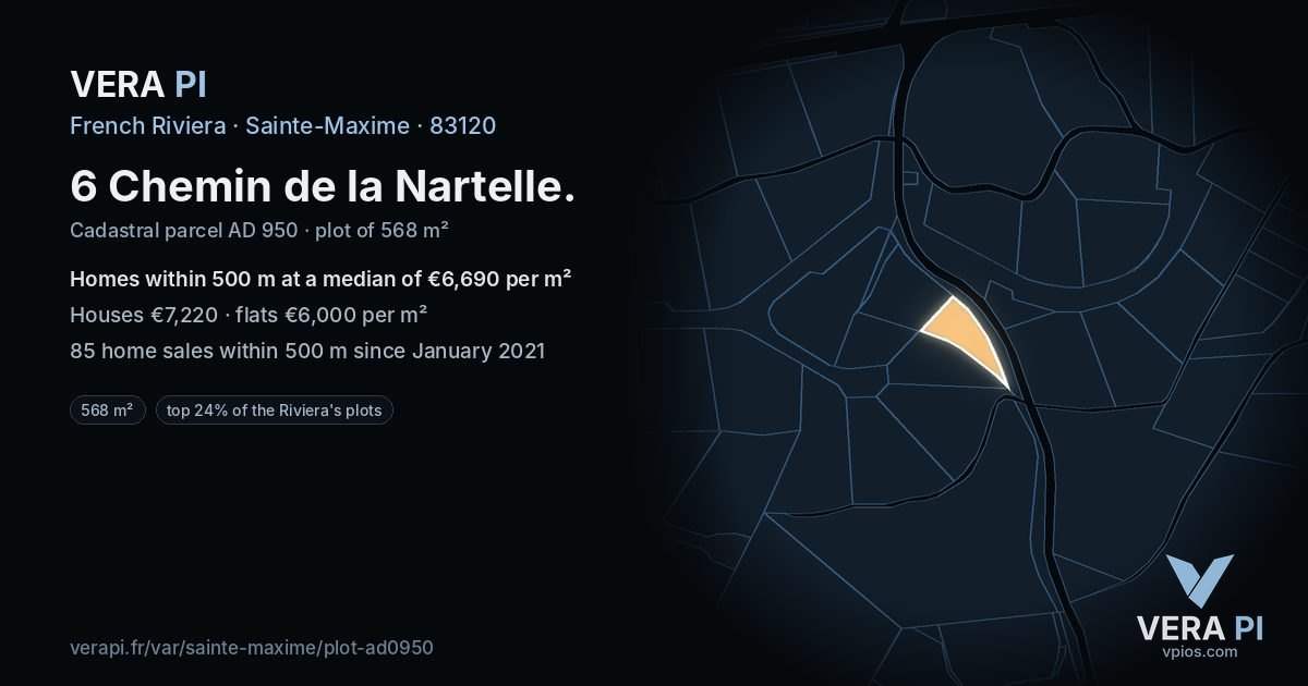 6 Chemin de la Nartelle, Sainte-Maxime at night – the plot lit, the parcels around coloured by the prices near them
