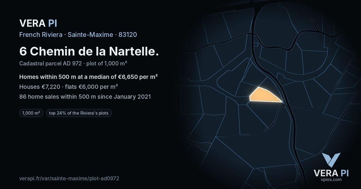 6 Chemin de la Nartelle, Sainte-Maxime at night – the plot lit, the parcels around coloured by the prices near them