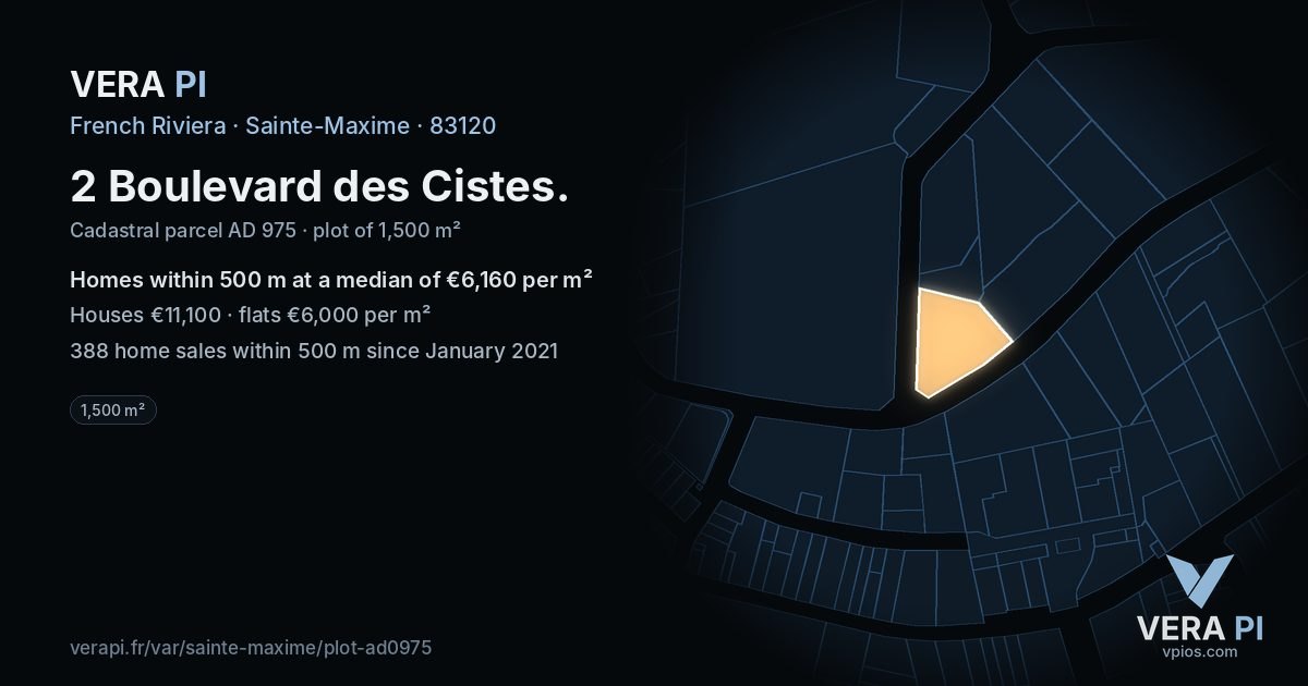 2 Boulevard des Cistes, Sainte-Maxime at night – the plot lit, the parcels around coloured by the prices near them