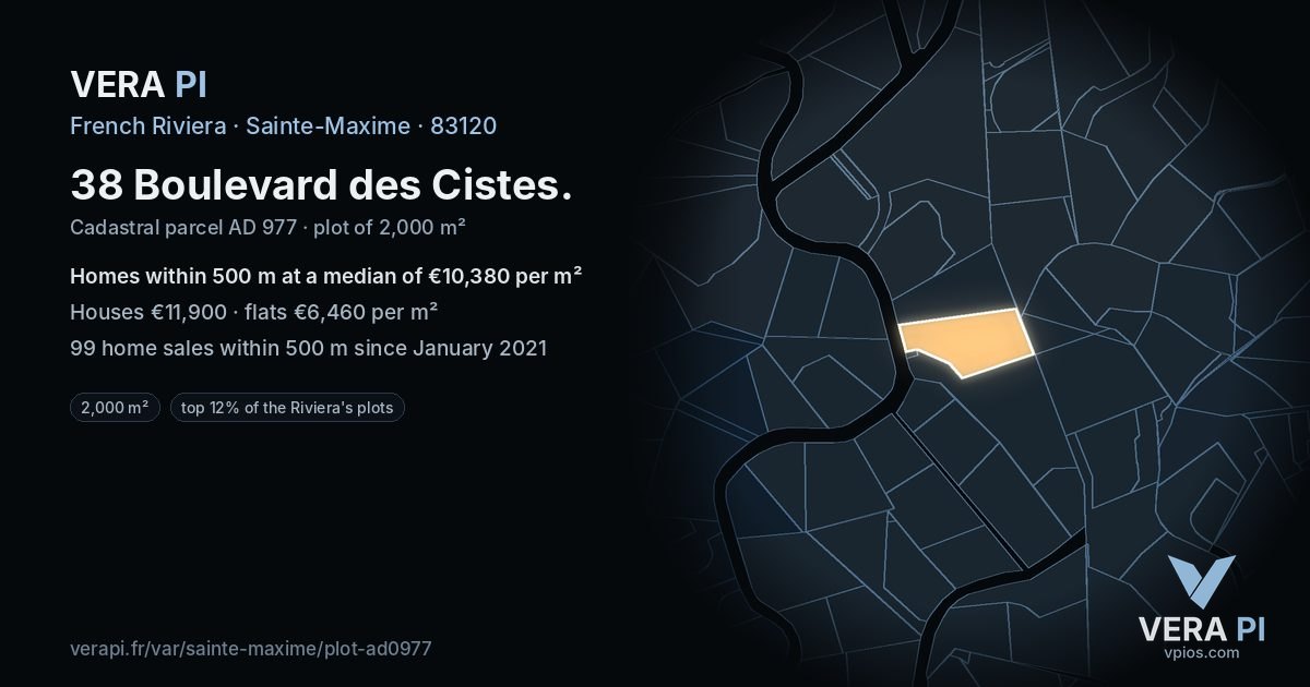 38 Boulevard des Cistes, Sainte-Maxime at night – the plot lit, the parcels around coloured by the prices near them