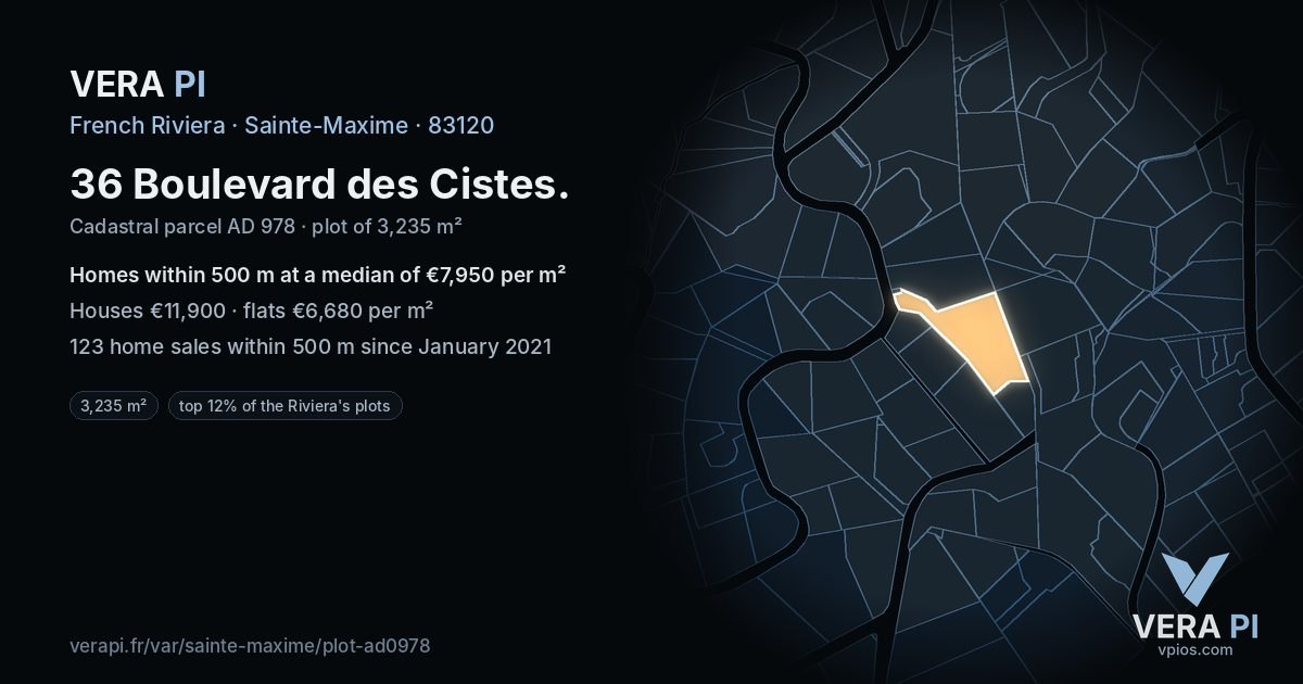 36 Boulevard des Cistes, Sainte-Maxime at night – the plot lit, the parcels around coloured by the prices near them