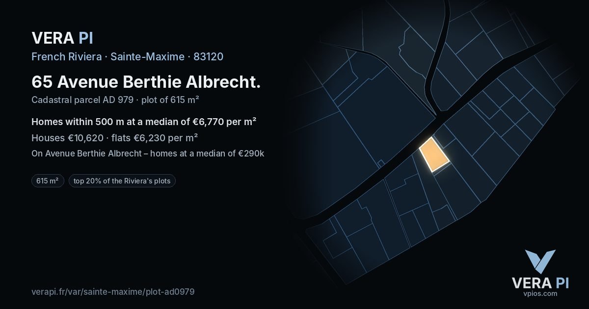 65 Avenue Berthie Albrecht, Sainte-Maxime at night – the plot lit, the parcels around coloured by the prices near them