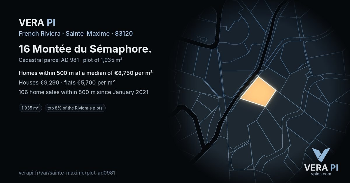 16 Montée du Sémaphore, Sainte-Maxime at night – the plot lit, the parcels around coloured by the prices near them