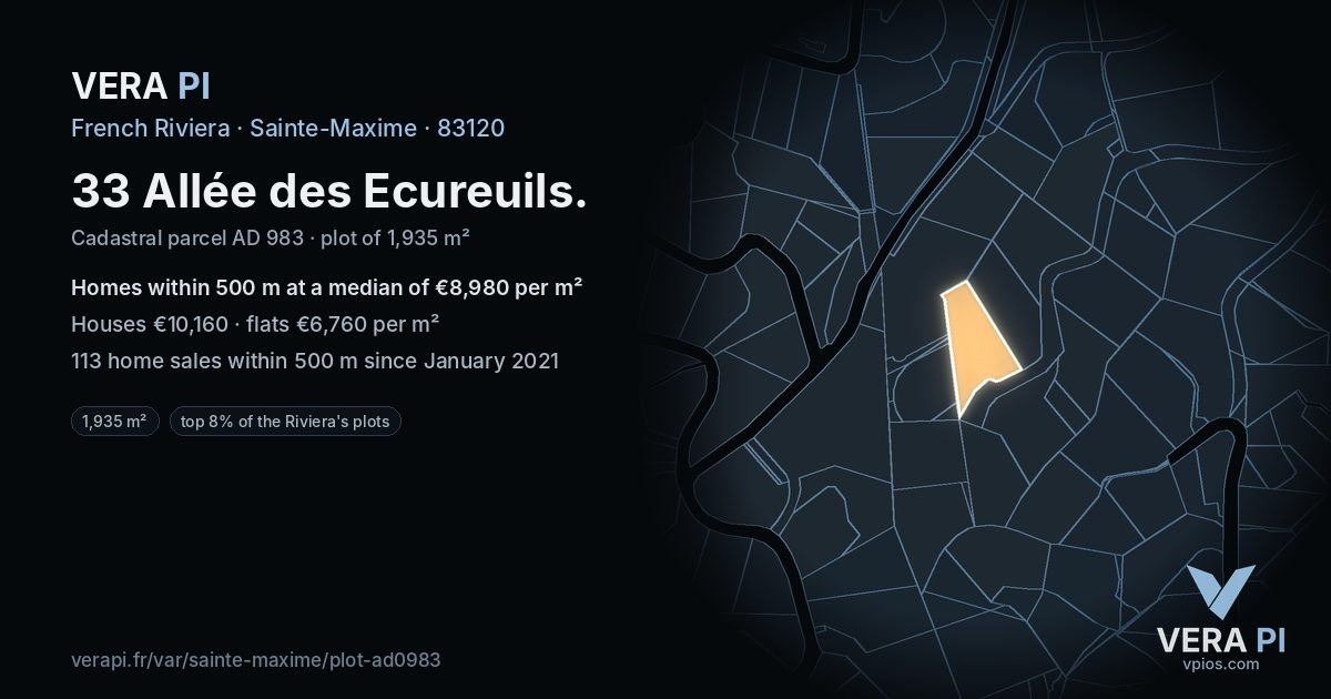33 Allée des Ecureuils, Sainte-Maxime at night – the plot lit, the parcels around coloured by the prices near them