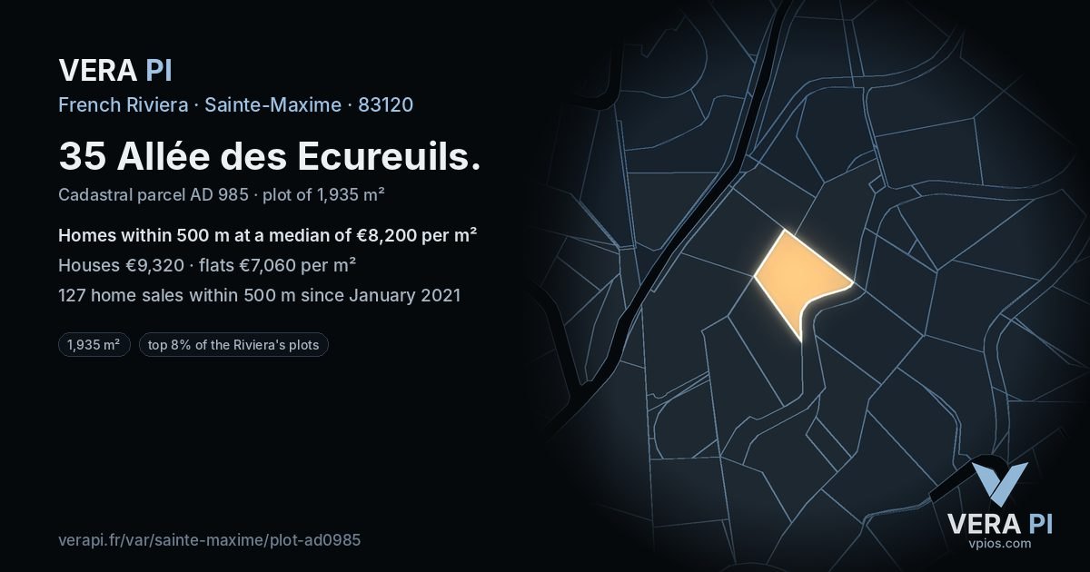 35 Allée des Ecureuils, Sainte-Maxime at night – the plot lit, the parcels around coloured by the prices near them