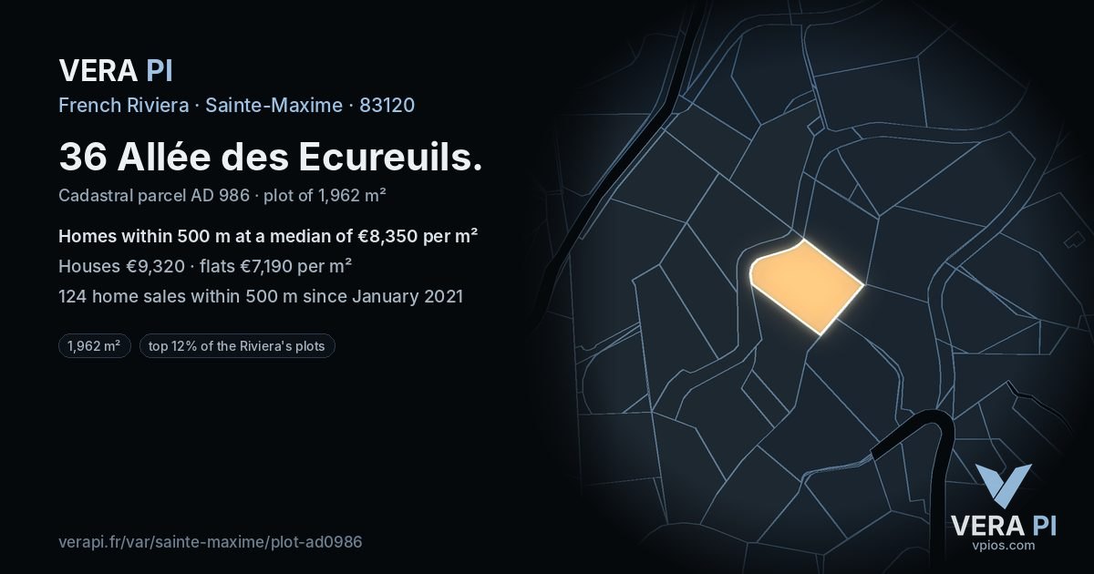 36 Allée des Ecureuils, Sainte-Maxime at night – the plot lit, the parcels around coloured by the prices near them