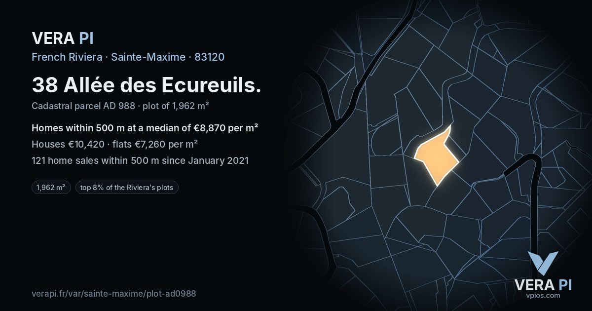 38 Allée des Ecureuils, Sainte-Maxime at night – the plot lit, the parcels around coloured by the prices near them