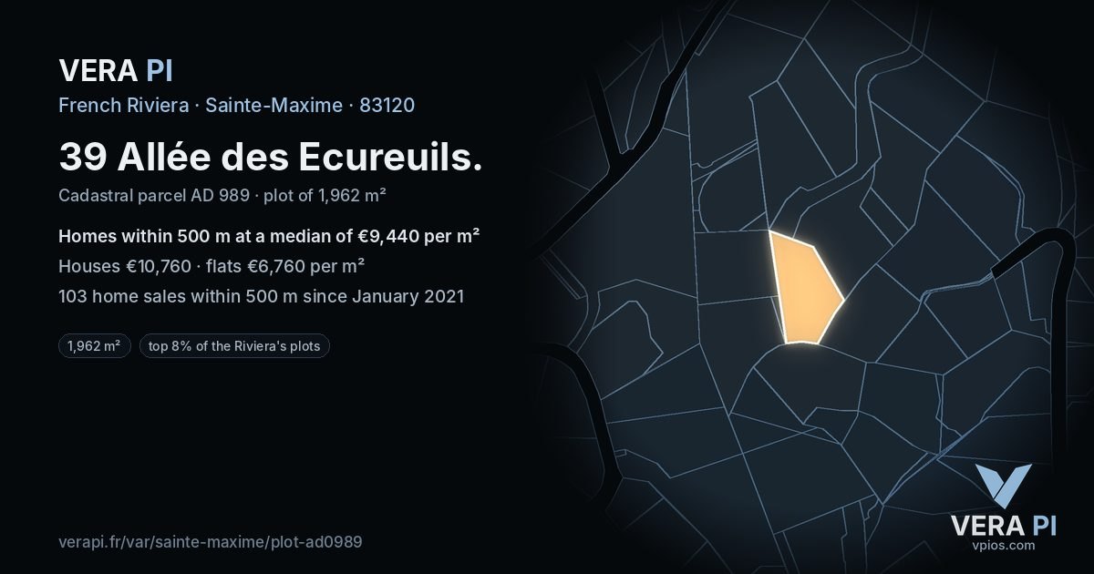 39 Allée des Ecureuils, Sainte-Maxime at night – the plot lit, the parcels around coloured by the prices near them