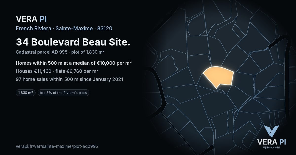 34 Boulevard Beau Site, Sainte-Maxime at night – the plot lit, the parcels around coloured by the prices near them