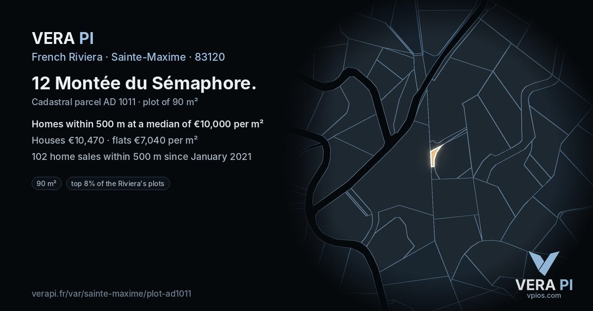 12 Montée du Sémaphore, Sainte-Maxime at night – the plot lit, the parcels around coloured by the prices near them