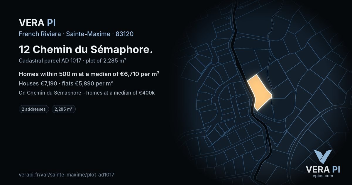 12 Chemin du Sémaphore, Sainte-Maxime at night – the plot lit, the parcels around coloured by the prices near them