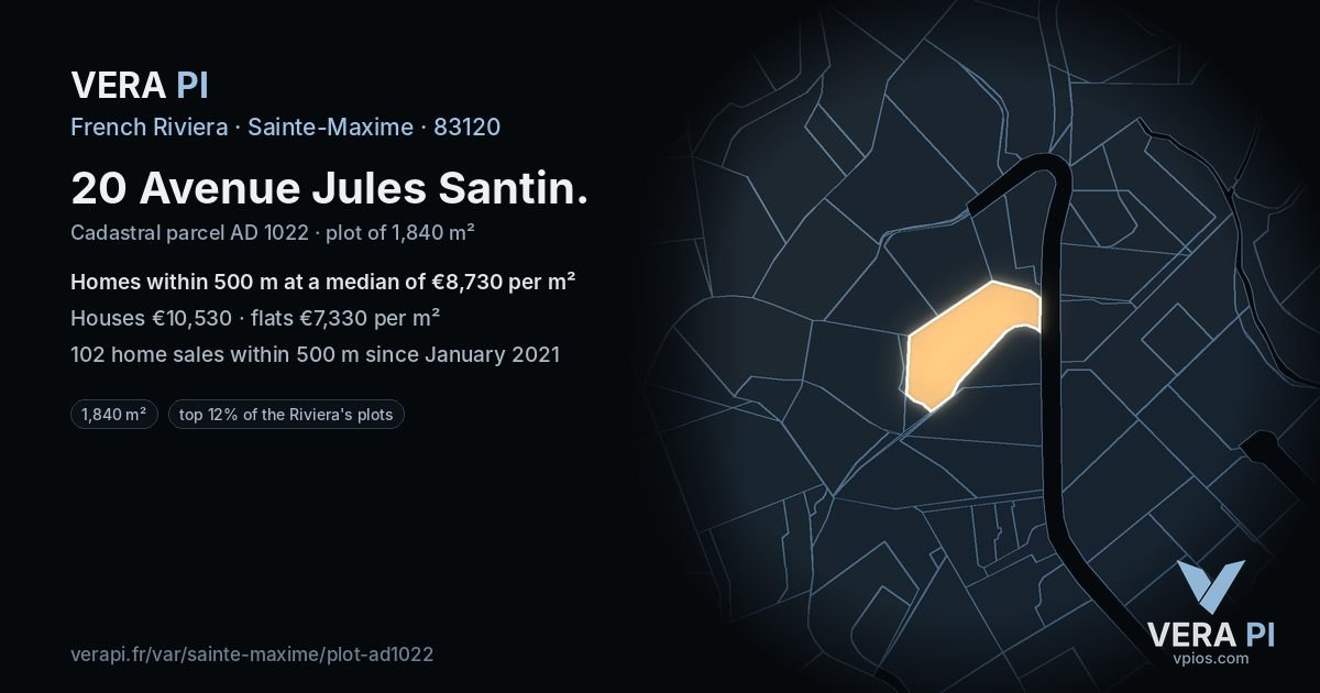 20 Avenue Jules Santin, Sainte-Maxime at night – the plot lit, the parcels around coloured by the prices near them