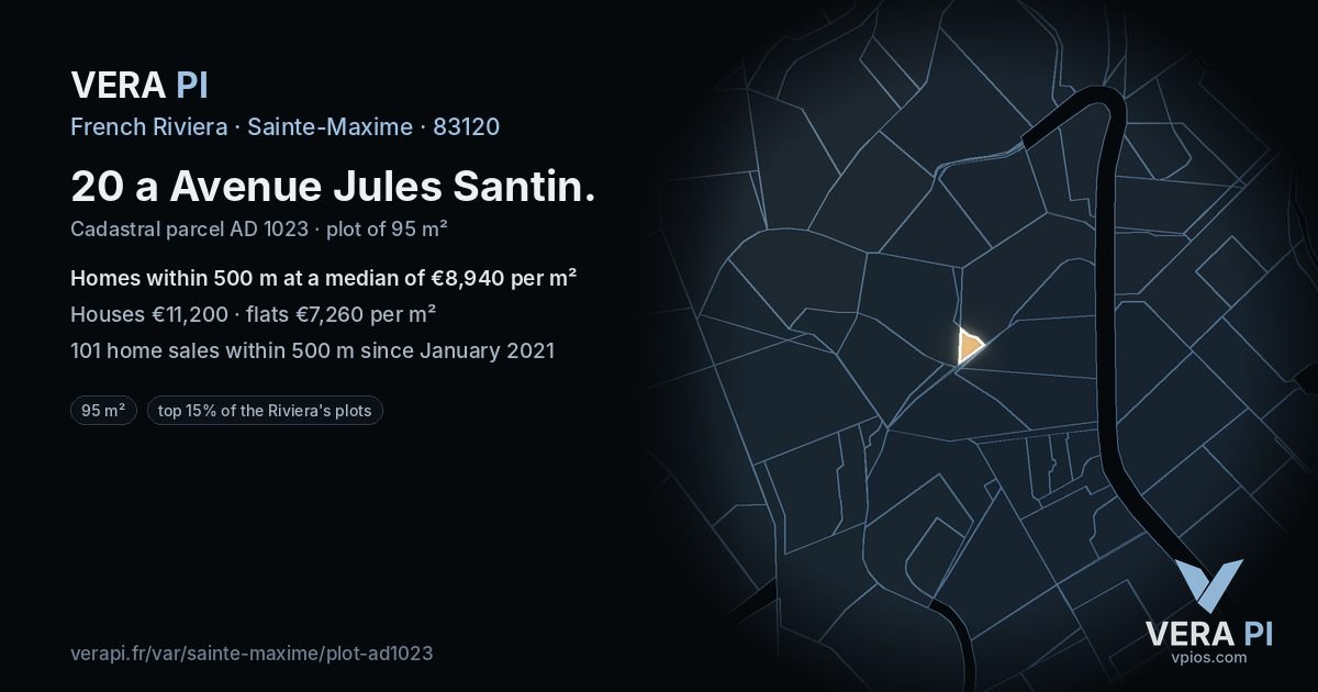 20 a Avenue Jules Santin, Sainte-Maxime at night – the plot lit, the parcels around coloured by the prices near them