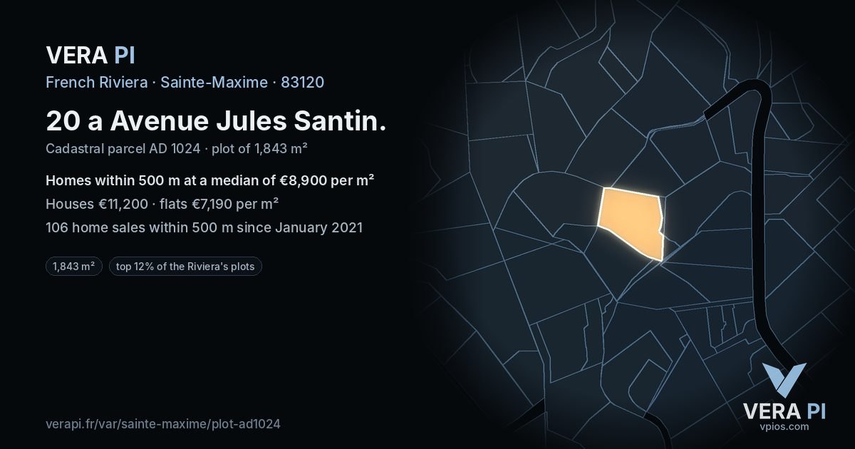 20 a Avenue Jules Santin, Sainte-Maxime at night – the plot lit, the parcels around coloured by the prices near them