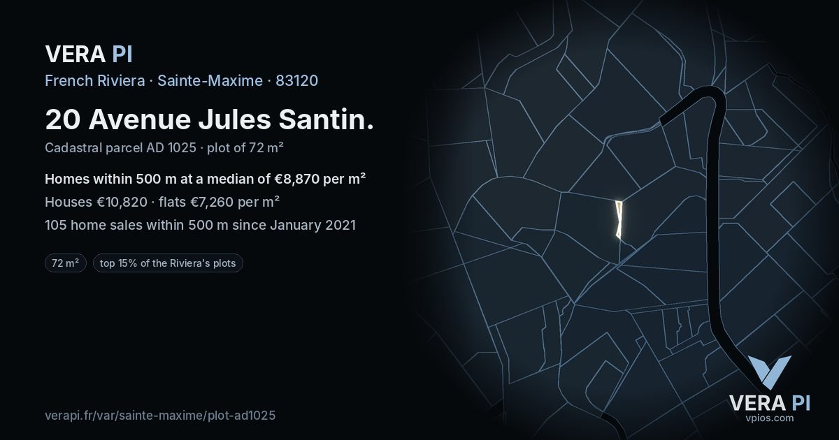 20 Avenue Jules Santin, Sainte-Maxime at night – the plot lit, the parcels around coloured by the prices near them