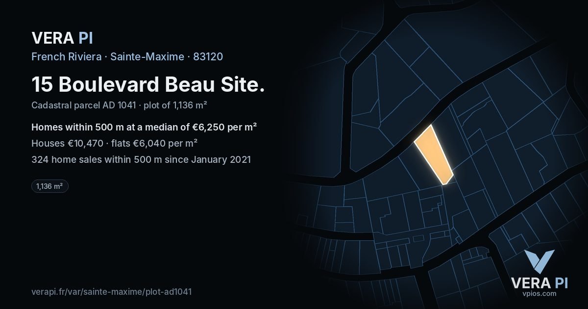 15 Boulevard Beau Site, Sainte-Maxime at night – the plot lit, the parcels around coloured by the prices near them