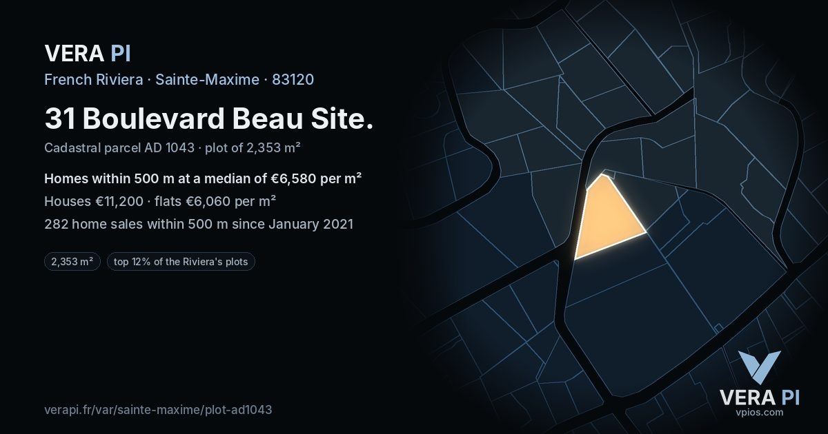 31 Boulevard Beau Site, Sainte-Maxime at night – the plot lit, the parcels around coloured by the prices near them