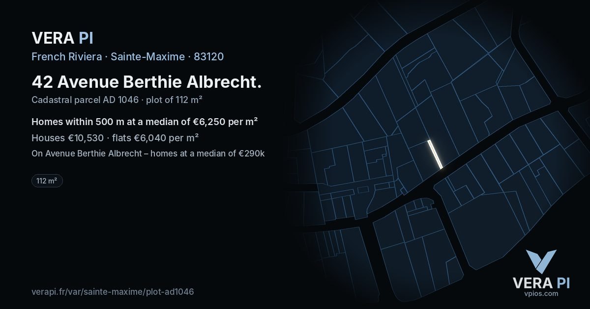 42 Avenue Berthie Albrecht, Sainte-Maxime at night – the plot lit, the parcels around coloured by the prices near them