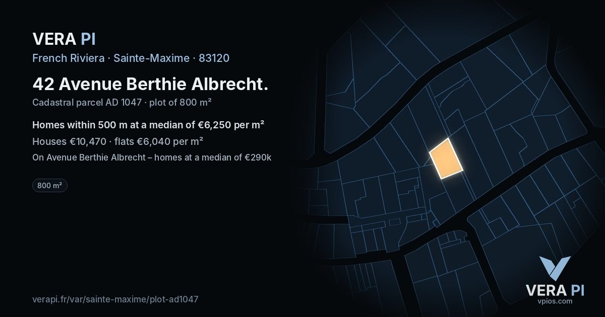 42 Avenue Berthie Albrecht, Sainte-Maxime at night – the plot lit, the parcels around coloured by the prices near them